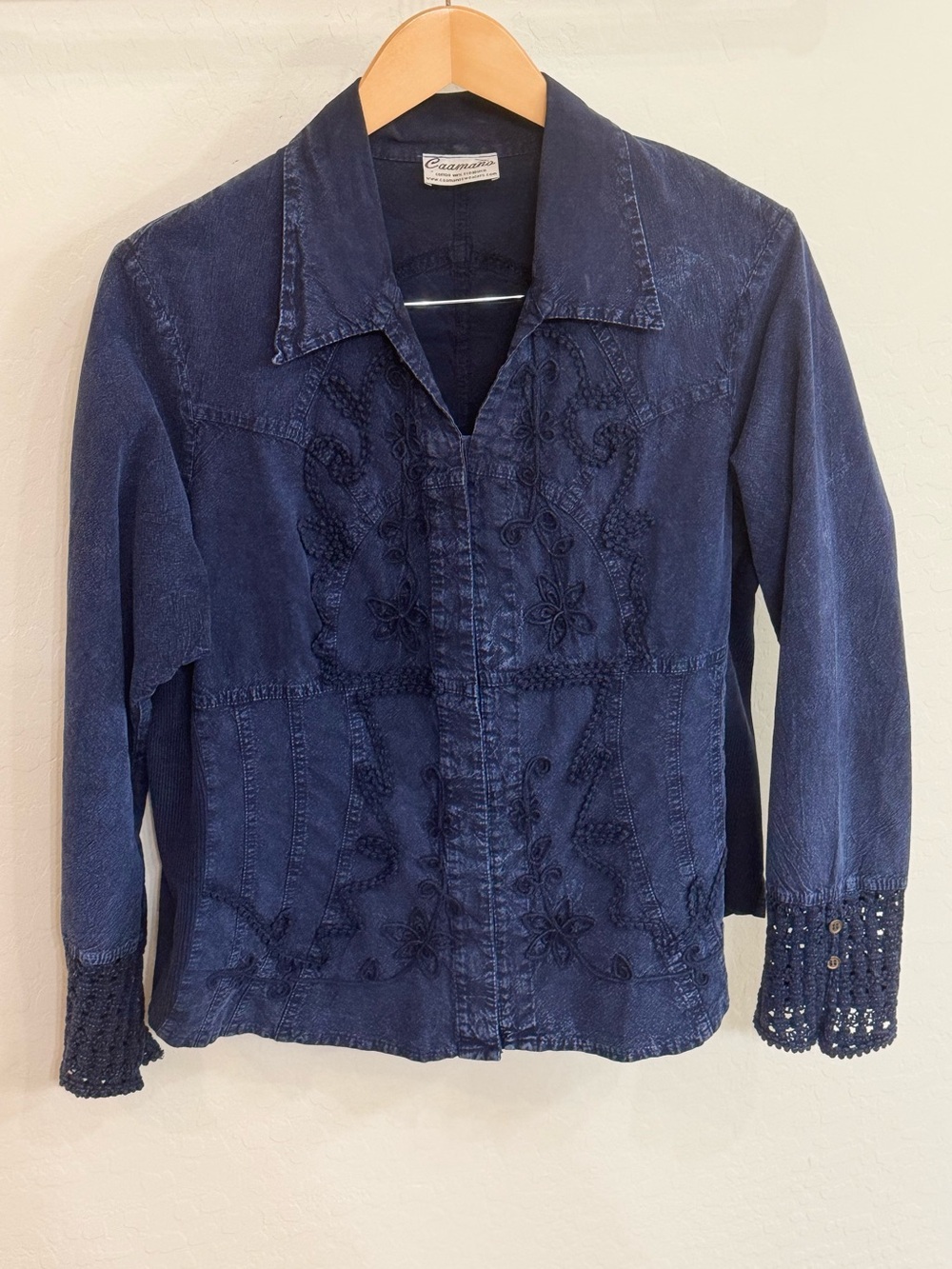 Vintage Caamano Peruvian Cotton Embroidered Western Shirt Navy Boho Lace Cuff XL